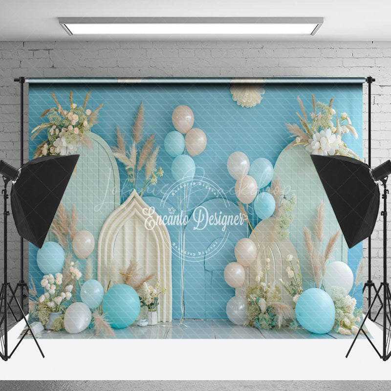 Lofaris Blue Beige Floral Balloon Summer Cake Smash Backdrop