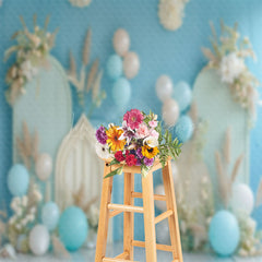 Lofaris Blue Beige Floral Balloon Summer Cake Smash Backdrop