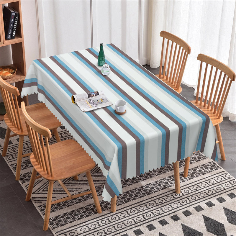 Lofaris Blue Brown White Wide Vertical Stripes Tablecloth