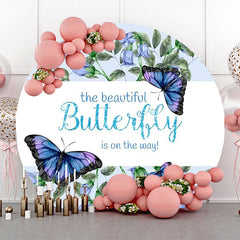 Lofaris Blue Butterfly Floral Round Baby Shower Backdrop