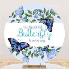 Lofaris Blue Butterfly Floral Round Baby Shower Backdrop