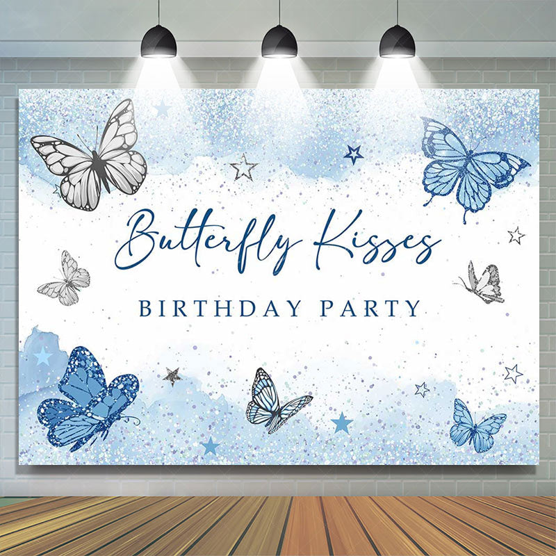 Lofaris Blue Butterfly Kisses Glitter Birthday Backdrop