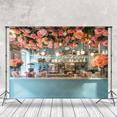 Lofaris Blue Cafe Bar Light Dense Pink Floral Photo Backdrop