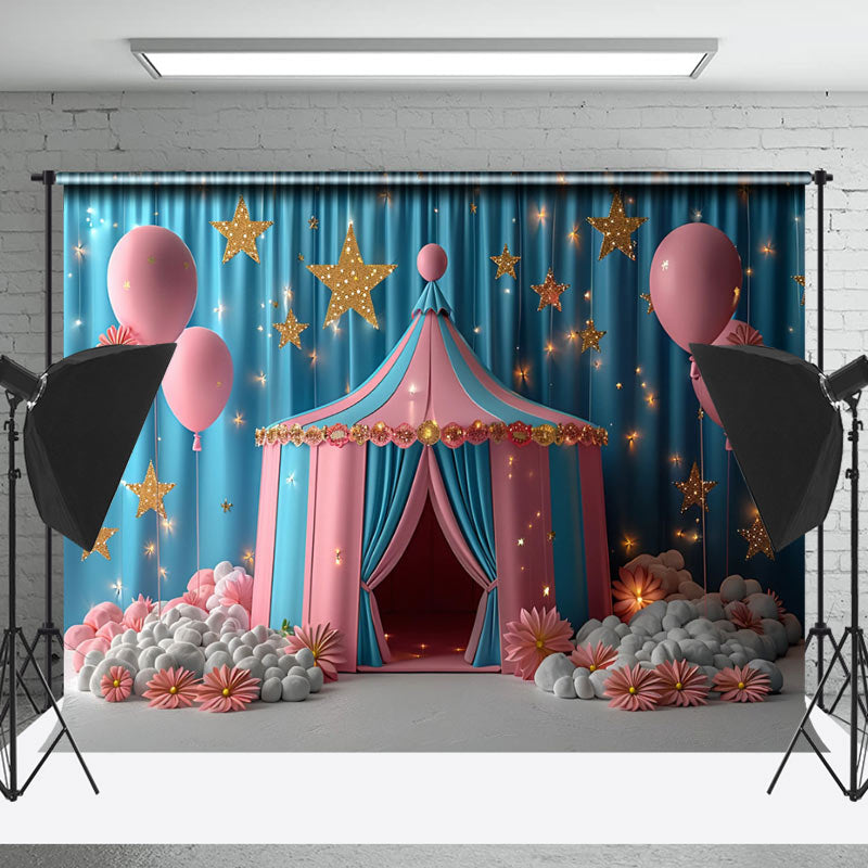 Lofaris Blue Curtain Circus Tent Balloon Cake Smash Backdrop