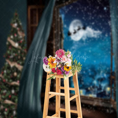 Lofaris Blue Curtain Night Moon Christmas Photo Backdrop