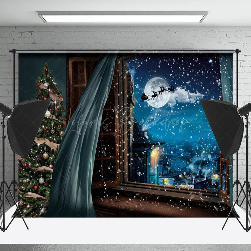 Lofaris Blue Curtain Night Moon Christmas Photo Backdrop