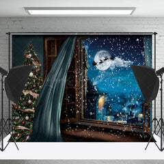 Lofaris Blue Curtain Night Moon Christmas Photo Backdrop