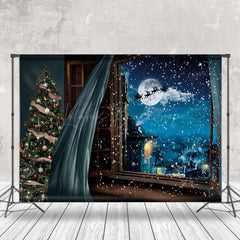 Lofaris Blue Curtain Night Moon Christmas Photo Backdrop