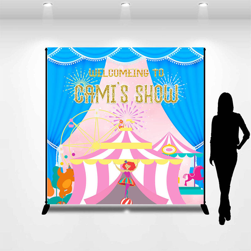 Blue Curtain Pink Circus Show Custom Party Backdrop - Lofaris