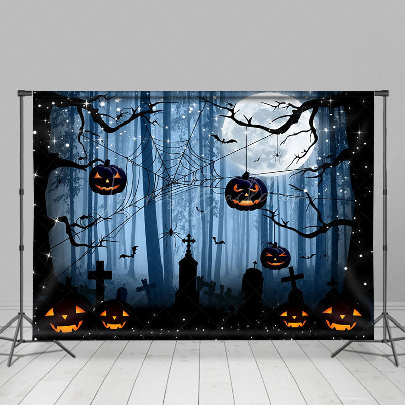 Lofaris Blue Dark Night Forest Grave Spider Web Halloween Backdrop