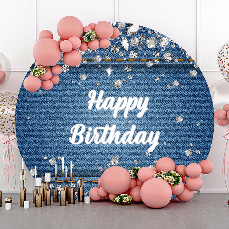 Lofaris Blue Denim Diamonds Round Happy Birthday Backdrop