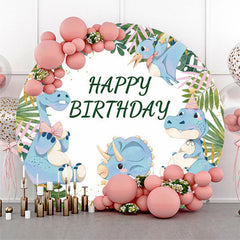 Lofaris Blue Dinosuar Green Leaves Round Boy Birthday Backdrop