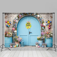 Lofaris Blue Door Brick Wall Floral Happy Easter Backdrop