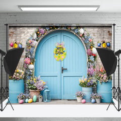 Lofaris Blue Door Brick Wall Floral Happy Easter Backdrop