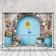 Lofaris Blue Door Brick Wall Floral Happy Easter Backdrop