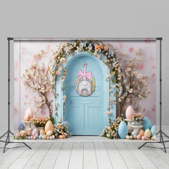 Lofaris Blue Door Flowers Colorful Eggs Easter Backdrop