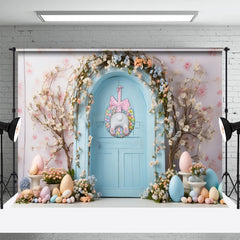 Lofaris Blue Door Flowers Colorful Eggs Easter Backdrop