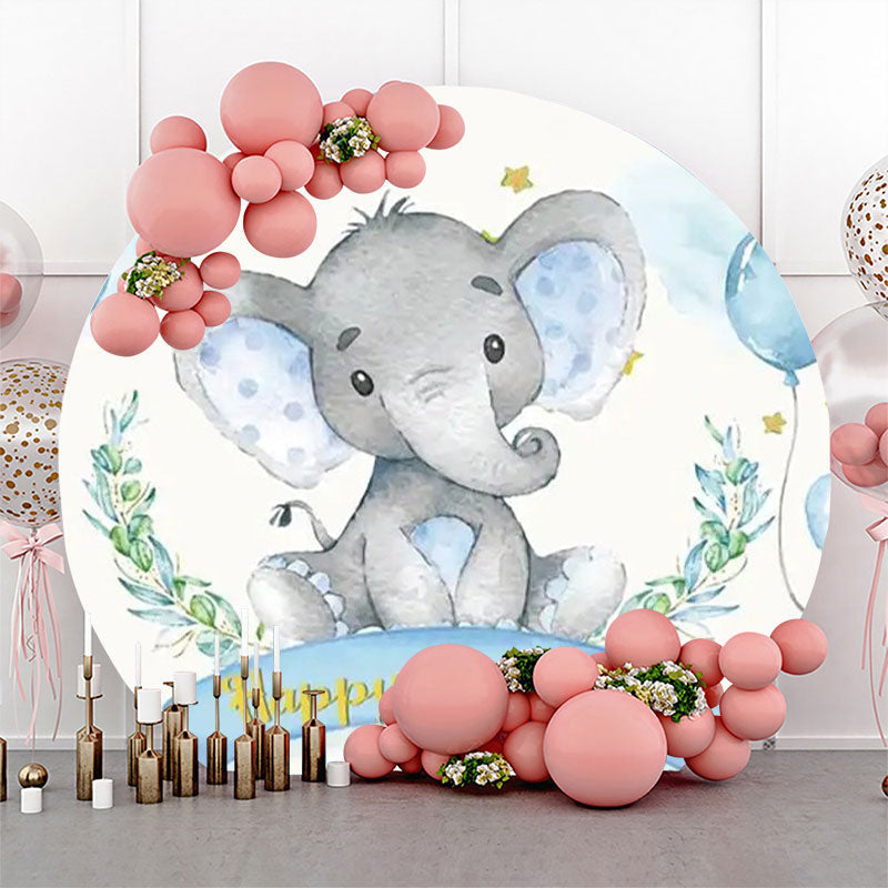 Lofaris Blue Elephant Balloon Stars Round Birthday Backdrop