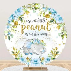 Lofaris Blue Elephant Floral Gold Round Baby Shower Backdrop