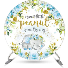 Lofaris Blue Elephant Floral Gold Round Baby Shower Backdrop