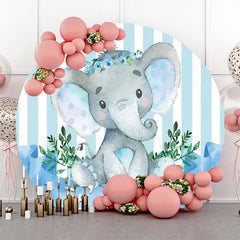 Lofaris Blue Elephant Stripe Leaf Round Baby Shower Backdrop