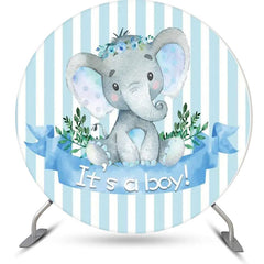 Lofaris Blue Elephant Stripe Leaf Round Baby Shower Backdrop