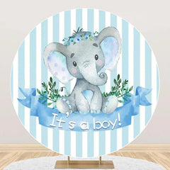 Lofaris Blue Elephant Stripe Leaf Round Baby Shower Backdrop