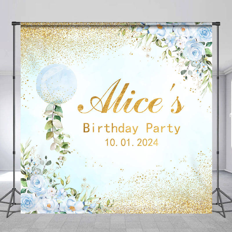 Lofaris Blue Floral Bubble Gold Custom Birthday Backdrop