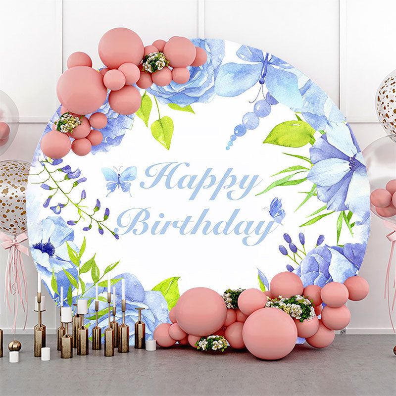 Lofaris Blue Floral Butterfly Circle Happy Birthday Backdrop