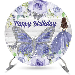 Lofaris Blue Floral Butterfly Wooden Round Birthday Backdrop