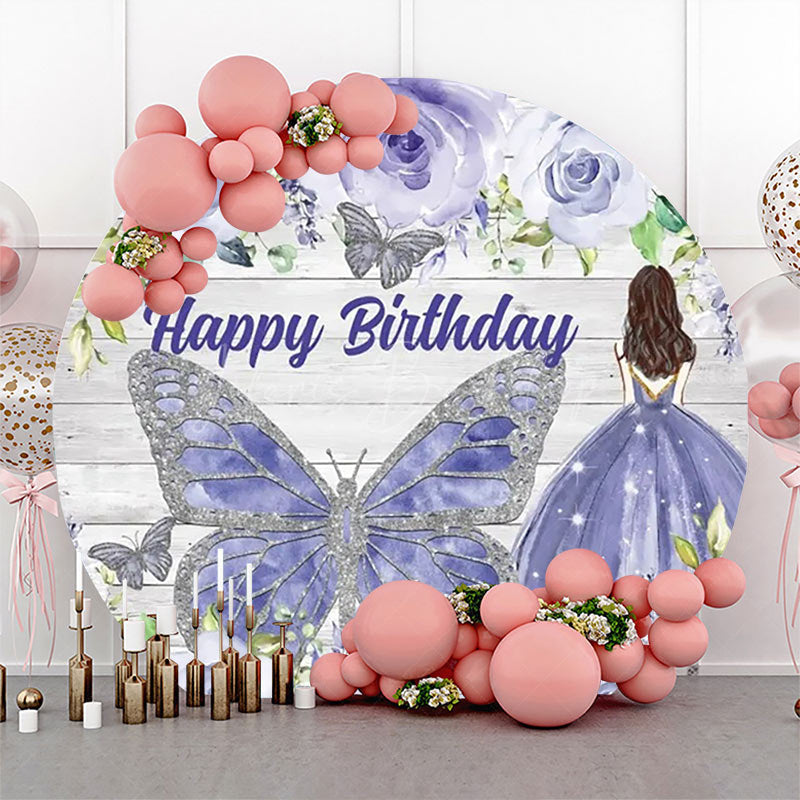 Lofaris Blue Floral Butterfly Wooden Round Birthday Backdrop