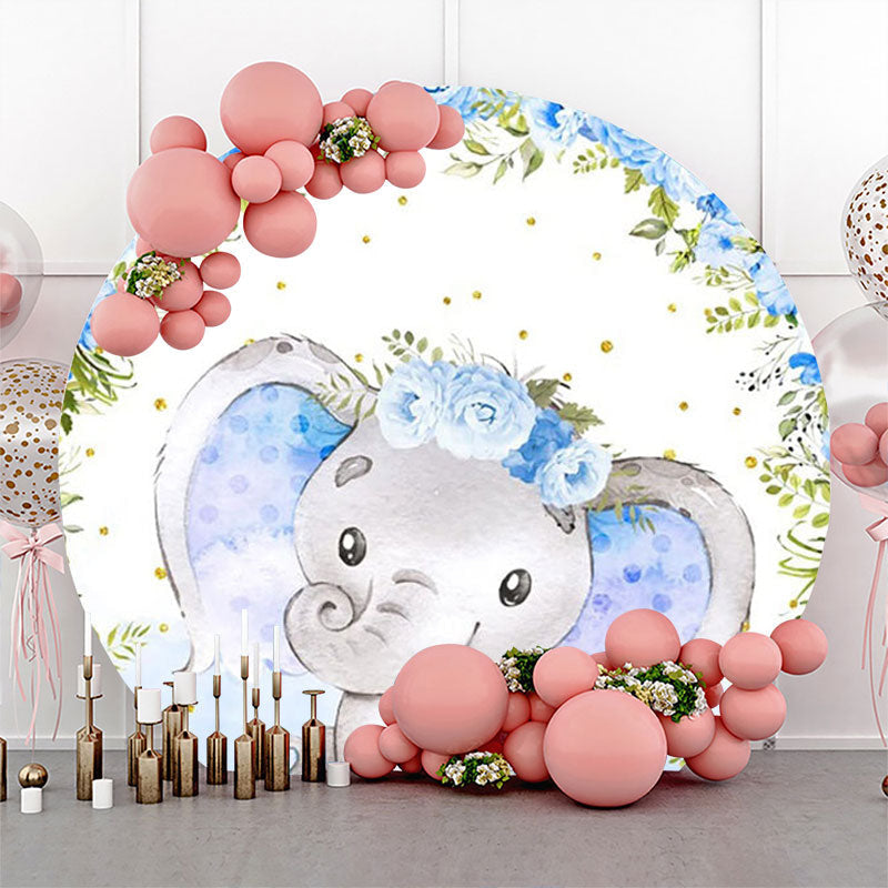 Lofaris Blue Floral Elephant Cute Round Baby Shower Backdrop