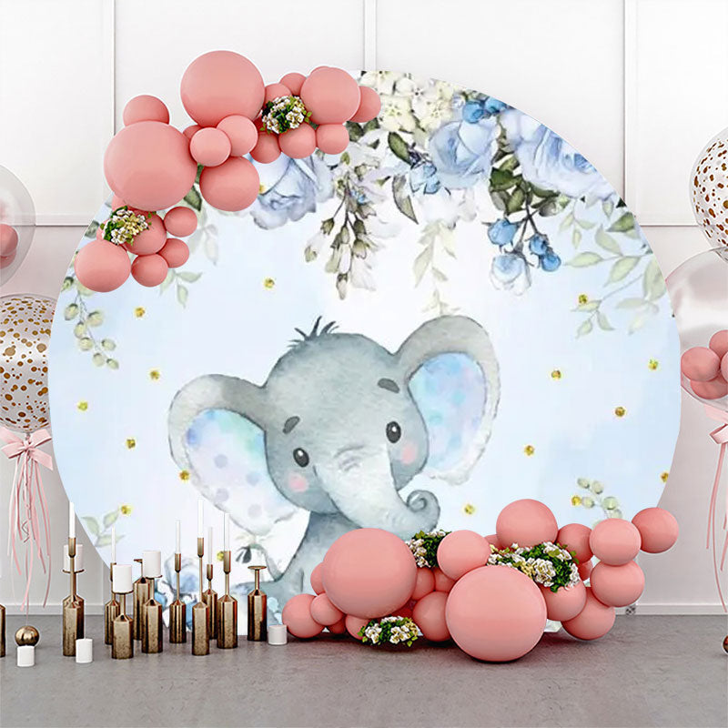 Lofaris Blue Floral Elephant Leaf Round Baby Shower Backdrop