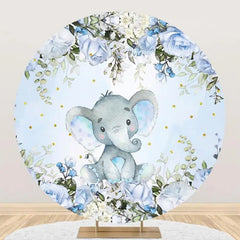 Lofaris Blue Floral Elephant Leaf Round Baby Shower Backdrop