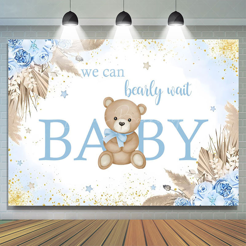 Lofaris Blue Floral Glitter Bear Baby Shower Backdrop