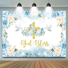 Lofaris Blue Floral God Bless Pigeon Baptism Backdrop