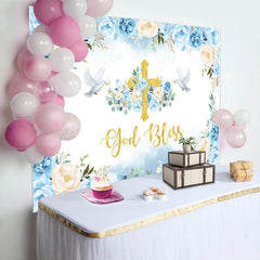 Lofaris Blue Floral God Bless Pigeon Baptism Backdrop