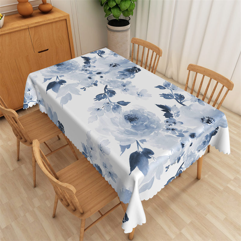 Lofaris Blue Floral Ink Painting Modern Rectangle Tablecloth