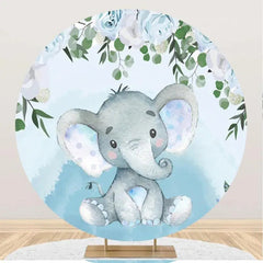 Lofaris Blue Floral Leaf Elephant Round Baby Shower Backdrop