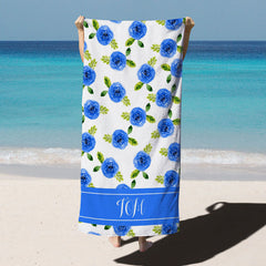 Lofaris Blue Floral Personalized Name Summer Beach Towel