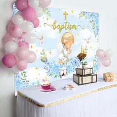 Lofaris Blue Flowers Cross Angle Baptism Backdrop For Boy