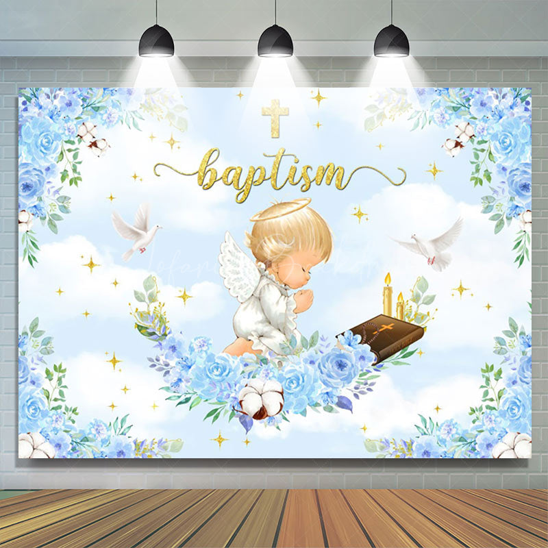 Lofaris Blue Flowers Cross Angle Baptism Backdrop For Boy