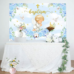 Lofaris Blue Flowers Cross Angle Baptism Backdrop For Boy