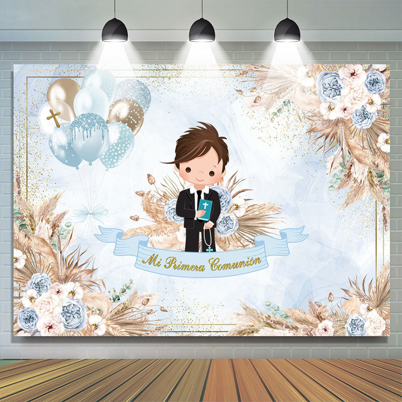 Lofaris Blue Glitter Balloon Floral Boy Baptism Backdrop