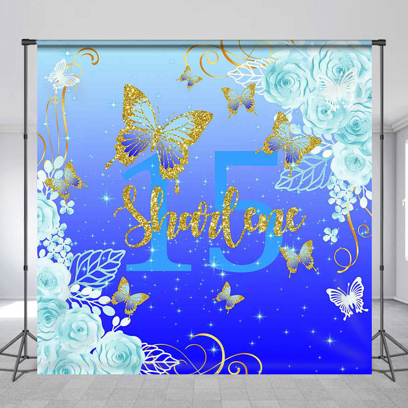 Lofaris Blue Glitter Butterfly Floral Custom Birthday Backdrop