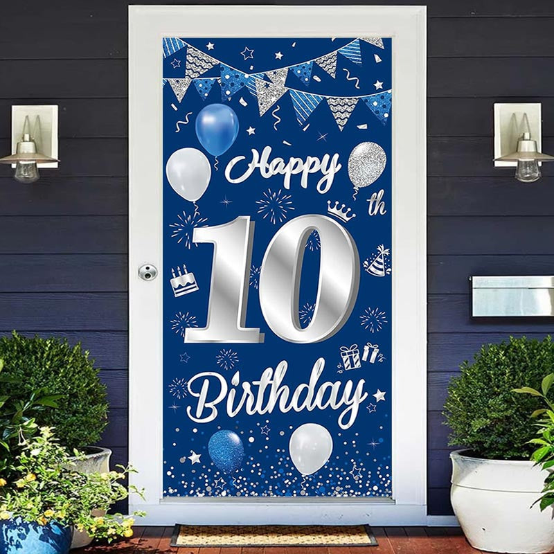 Lofaris Blue Glitter Flags Balloon 10th Birthday Door Cover