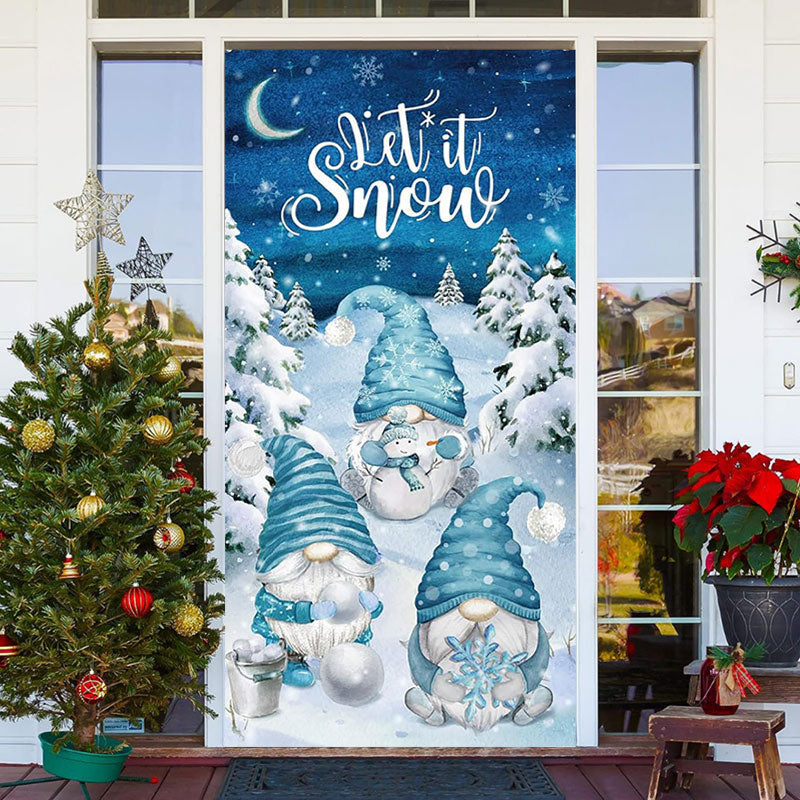 Lofaris Blue Gnomes Snowy Forest Night Christmas Door Cover