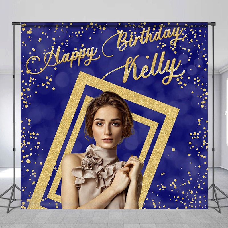 Lofaris Blue Gold Glitter Custom Photo Birthday Backdrop