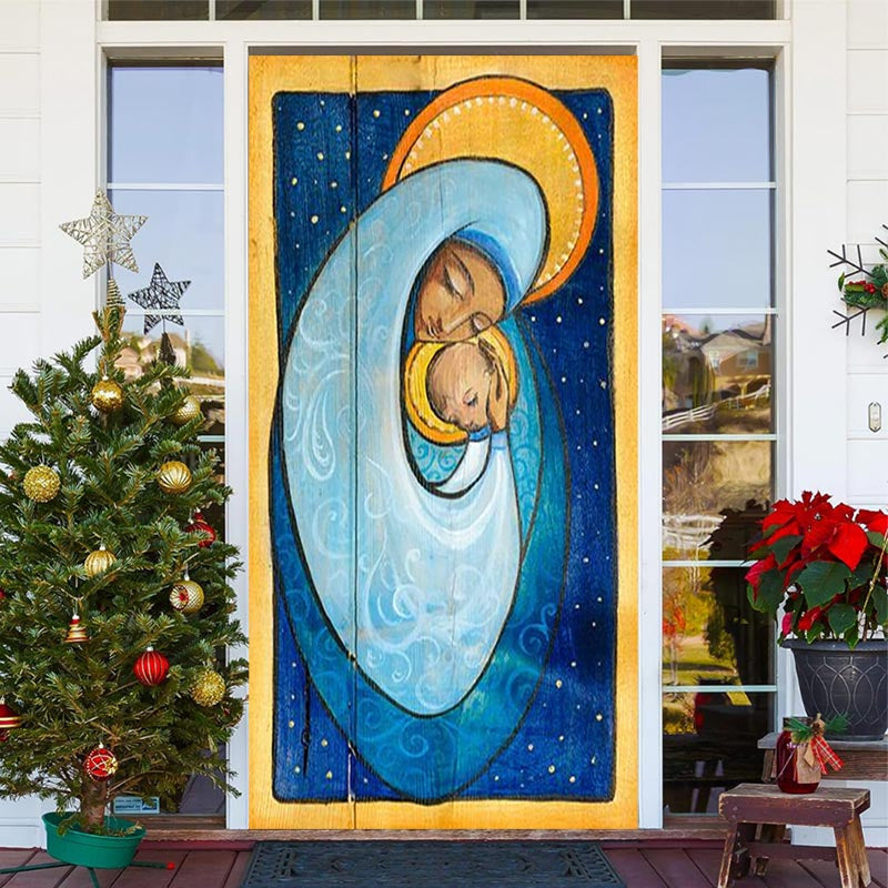 Lofaris Blue Gold Holy Woman Baby Merry Christmas Door Cover