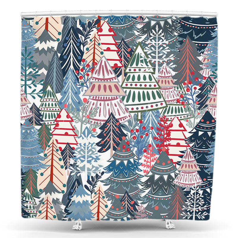 Lofaris Blue Green Red Trees Forest Christmas Shower Curtain